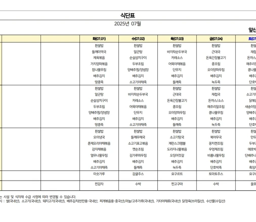 25년 07월 식단표
